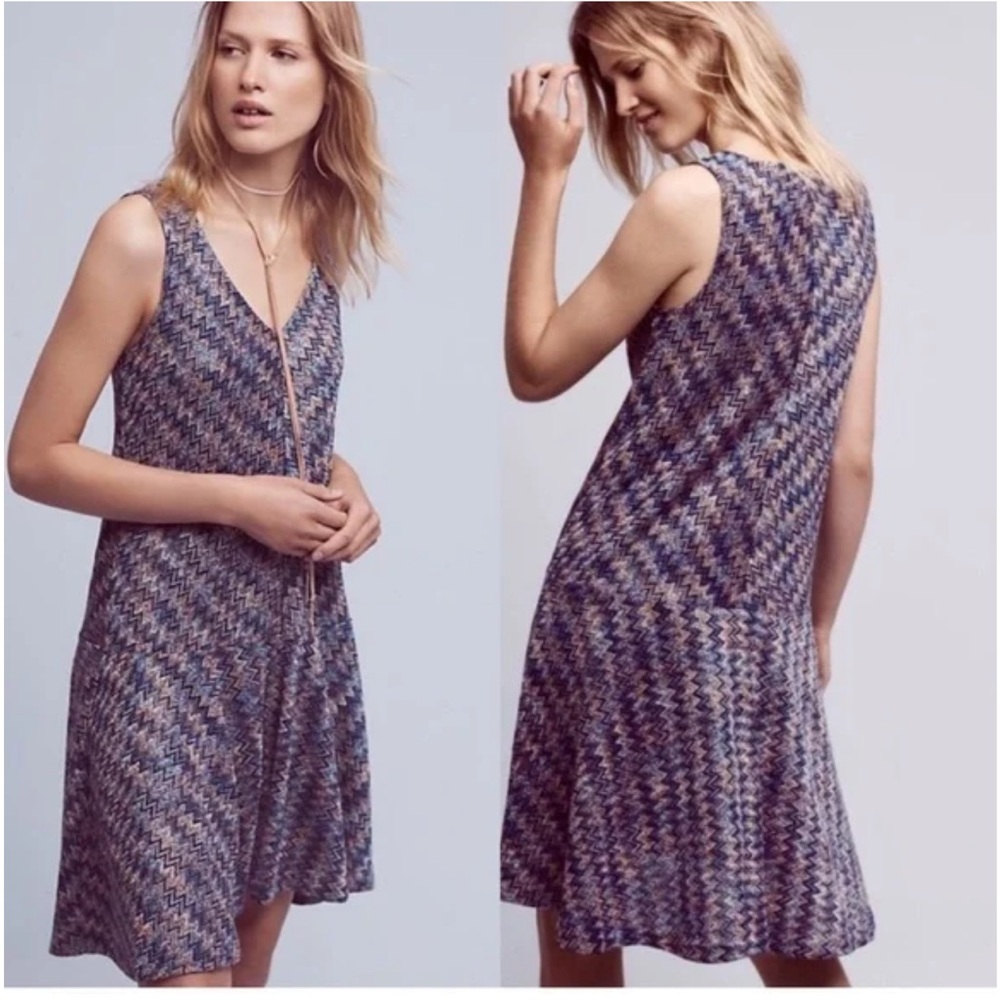 MAEVE ANTHROPOLOGIE Westwater Knit Dress Blue Motif Chevron Multicolor Sz Large
